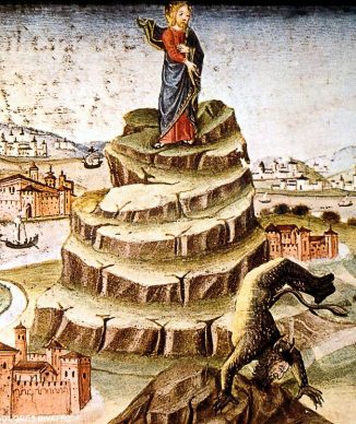 Gesù tentato dal diavolo (da miniatura del codice De Predis, XV secolo,  Torino, Biblioteca Reale)